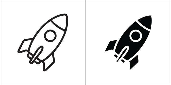 Simple black and white icon of a rocket ship, isolated on a white background, representing space travel, exploration, and innovation