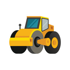 Yellow construction steamroller with gray roller and black wheels