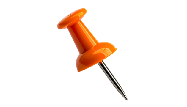 Isolated bright orange pushpin angled on a black background, capturing light's reflection