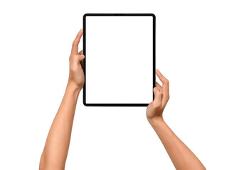 Close-up of hands holding a modern tablet with blank screen isolated on transparent PNG.	
