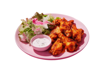 Spicy chicken wings served with a side salad and dipping sauce.  Pink plate