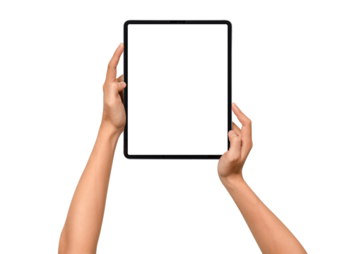 Close-up of hands holding a modern tablet with blank screen isolated on transparent PNG.	
