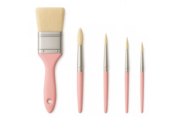 Artist paint brush set with pink handles and flat and round bristles ready for painting or craft hobby, transparent background