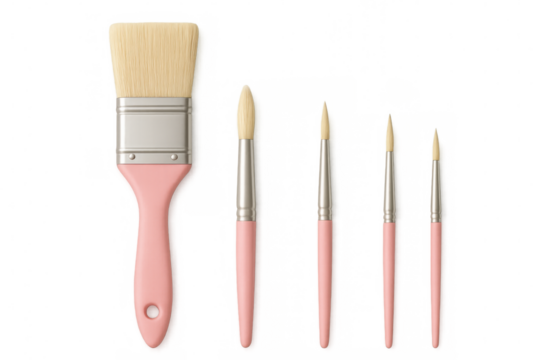 Artist paint brush set with pink handles and flat and round bristles ready for painting or craft hobby, transparent background