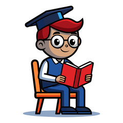 Cartoon boy in graduation cap reading a book child