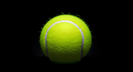 A close up shot of a bright yellow tennis ball with white lines on a black background in a studio setting for sports enthusiasts