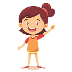 Cartoon girl with brown hair in orange and red outfit waving