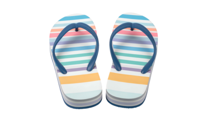 Pair of colorful, striped flip-flops with blue straps, set against a black background