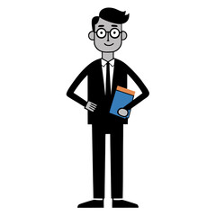 Cartoon man in suit holding a blue book on white background