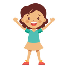Excited cartoon girl with brown hair raising both hands