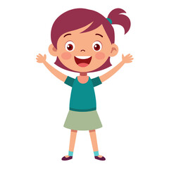 Happy cartoon girl with arms raised and a smile Keywords: girl, child, cartoon, character, happy, smiling, cheerful, joy, excitement, greeting