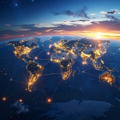 Global network of illuminated cities at sunrise