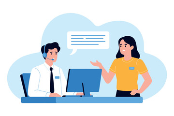 Customer service interaction person to person discussion dialogue computer monitor and headphones professional support