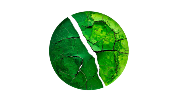 Abstract split green sphere against black background, cracked texture, organic aesthetic