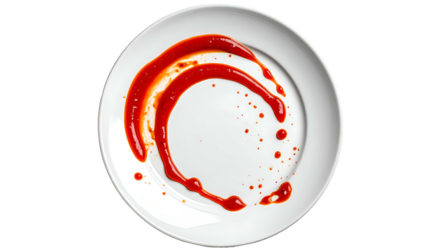 Overhead shot of a white plate with a swirling red sauce design, isolated on black