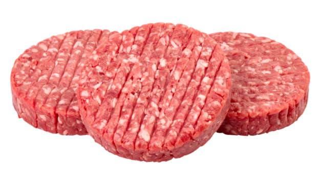 Three raw, circular patties of ground meat, scored with grill marks, isolated on black