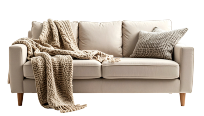 Cream-colored sofa with a woven throw and pillow, set against a transparent background