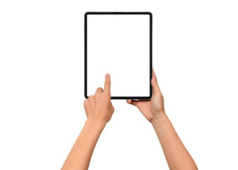 Close-up of hands holding a modern tablet with blank screen isolated on transparent PNG.	
