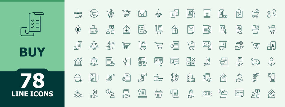 Buy simple icon set. Buy icon set. Collection for mobile and web apps. Contain linear symbols purchase, commerce, shopping cart, shopping, basket and more. Editable vector stroke.