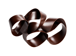 Dark chocolate ribbons, intricately curled and swirled, create a dynamic abstract form against a black backdrop.  