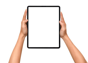 Close-up of hands holding a modern tablet with blank screen isolated on transparent PNG.	
