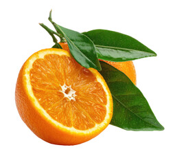 Two fresh oranges, one halved, with vibrant orange segments and green leaves