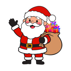 Cheerful Santa Claus Waving with Gift Bag Surrounded by Christmas Cheer