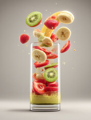 a photorealistic representation of a layered smoothie in a modern glass, with many slices of strawberry, kiwi and banana slices spinning high above the glass


-