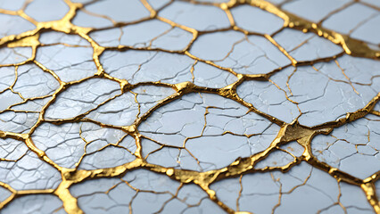 Fototapeta premium Macro geological pattern of white quartz or marble with fissures naturally inlaid with bright gold mineral veins, highlighting contrast and natural beauty