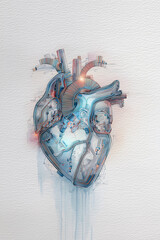 Transform this reference image into a hand-painted watercolor artwork on textured paper, keeping the same design and composition a futuristic human heart made of transparent acrylic and metallic cyber