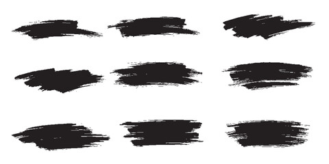 Set of nine textured black grunge brush strokes hand-painted ink swipes with rough edges.