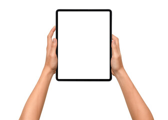 Close-up of hands holding a modern tablet with blank screen isolated on transparent PNG.	
