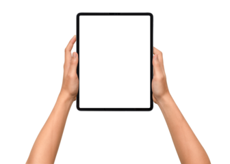 Close-up of hands holding a modern tablet with blank screen isolated on transparent PNG.