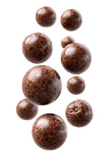 Chocolate balls clustered in a vertical arrangement.  Glossy, textured spheres.  Dark, rich brown color