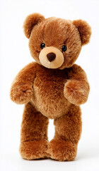 a cute brown teddy bear with short legs and arms, standing upright in front of the viewer, with its head tilted to one side. the background is white, creating contrast between it and the surrounding 