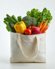 Professional stock photo, reusable shopping bag filled with fresh vegetables, eco-friendly lifestyle, no people, natural lighting, realistic photography. against white background

