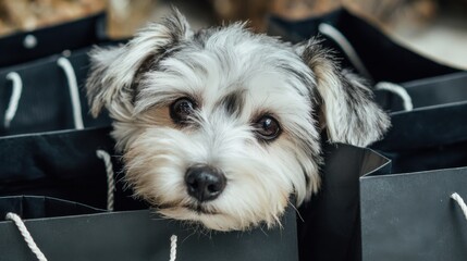 small dog peeking from a shopping bag