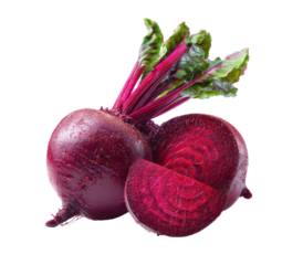 Close-up of two fresh beets, one whole and one halved, showing vibrant deep crimson flesh and green leaves