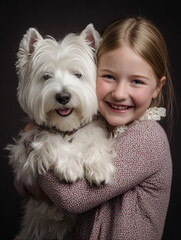 An eight-year-old girl is holding a West Highland White Terrier, smiling happily, with the feel of a studio portrait.


