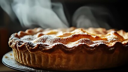 A warm, steaming pie with a golden, flaky crust, exuding comfort. - Powered by Adobe