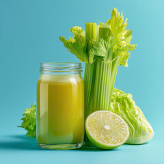 elery stalk healthy juice and salad light blue background


