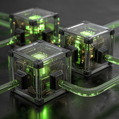 An ultra-realistic 3D render of three futuristic interconnected cube devices, each with a metallic body, beveled edges, and transparent panels revealing glowing neon green circuits inside. 