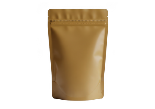 A plain brown stand up pouch with a resealable zipper closure isolated on transparent background