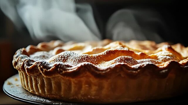 A warm, steaming pie with a golden, flaky crust, exuding comfort.