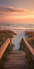 a wooden walkway leads to the beach, surrounded by sand dunes and tall grasses under an orange sunset sky. the water is calm, with gentle waves in the distance. in front lies the vast expanse of white