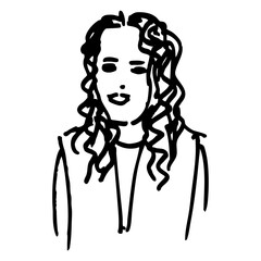 Portrait of a pretty young girl with curly hair. Hand drawn linear doodle rough sketch. Black and white silhouette.