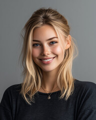 photorealistic portrait of a 21-year-old woman with blond hair, friendly smile, trendy modern outfit, looking at the camera, simple studio background

