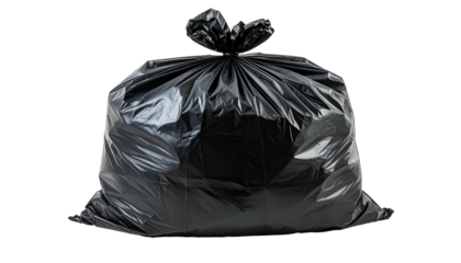 A fully packed, black plastic waste bag, tied at the top, presented against a white background