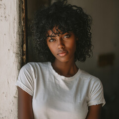 african american woman wearing a plain white t-shirt.

