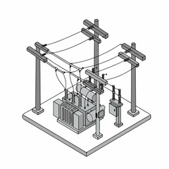 Isometric Detailed Power Transformer Electricity Pole Substation Industry Illustration